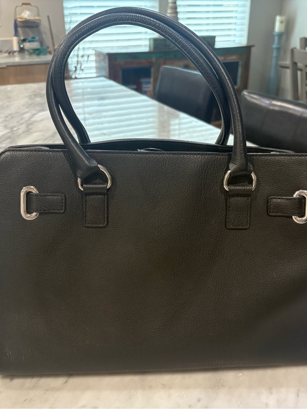 Michael Kors Hamilton Large Satchel Black Pebbled Leather Silver Chain Tote Bag - Picture 5 of 9